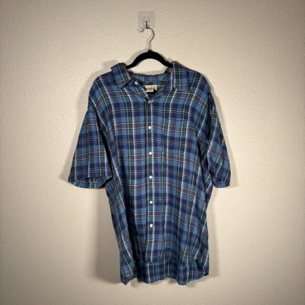 L.L. Bean Blue Green Slightly Fitted Pocket Plaid Short Sleeve Shirt Size XL